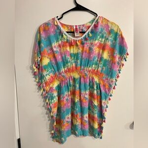 Betsey Johnson Tie Dye Fringed Boho Beach Swimsuit Coverup Womens Size Medium 10